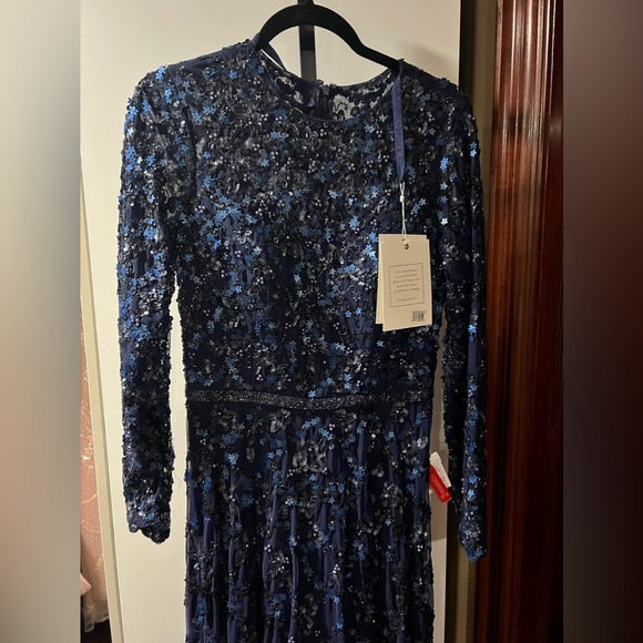 Lattice sequined illusion neckline long sleeve A-line gown - Picture 8 of 10